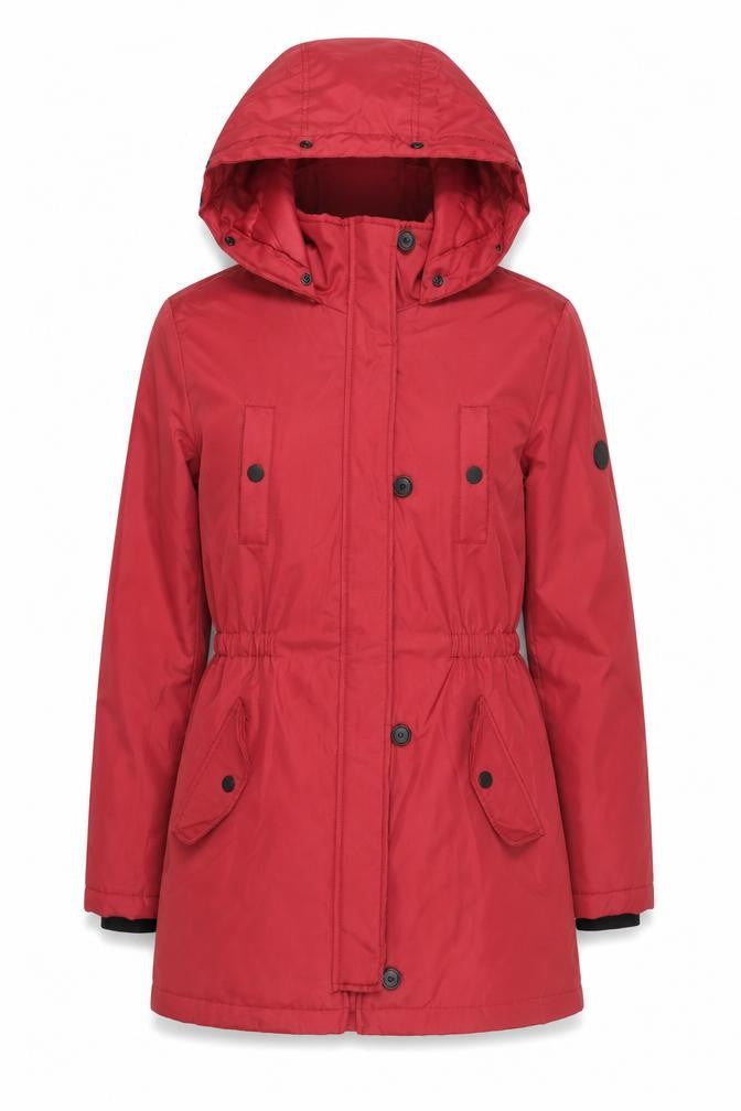 Front view of ADPT Women's Red Parka Jacket, M, Hooded, Casual