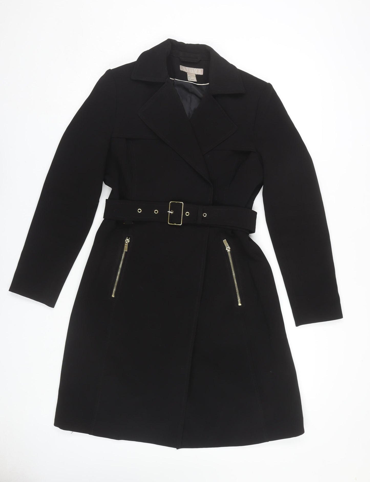 H&M Women's Black Belted Coat Size 8 with Zips