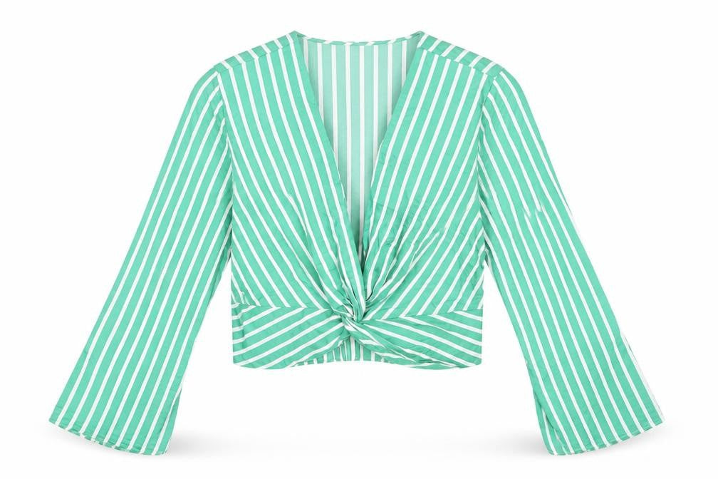 Front view of River Island Women's Green Striped Cropped Blouse, size 16