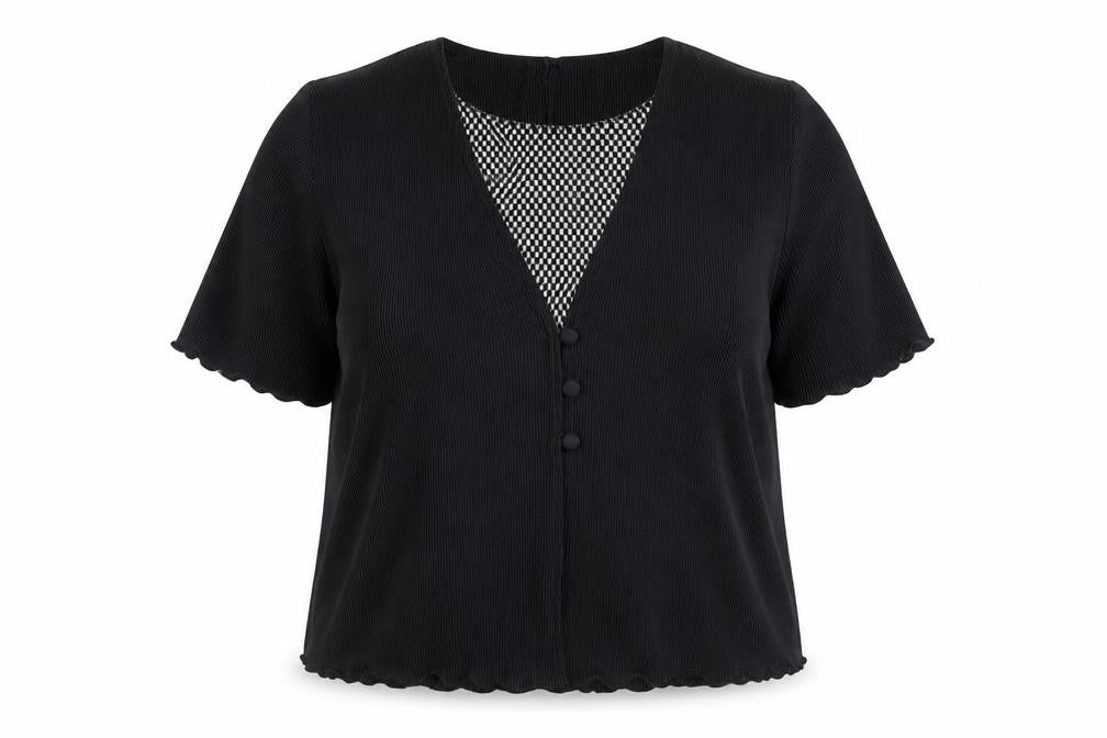 Front view of Canda Women's Black Button Blouse, size 18, - Casual Short Sleeve