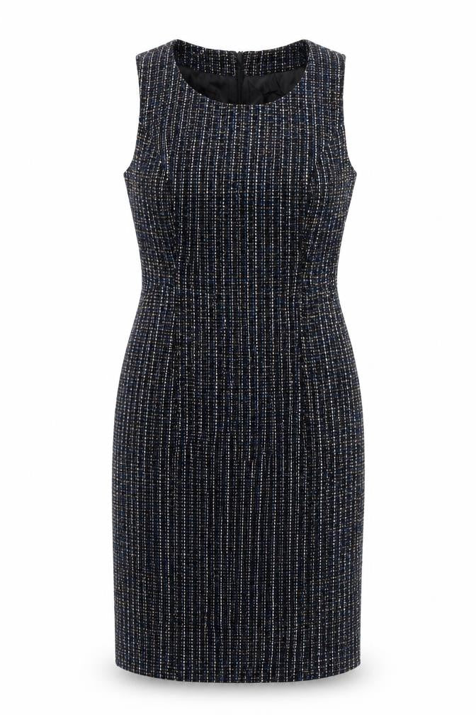 Front view of Monsoon women’s blue knee length pencil dress, size UK 10