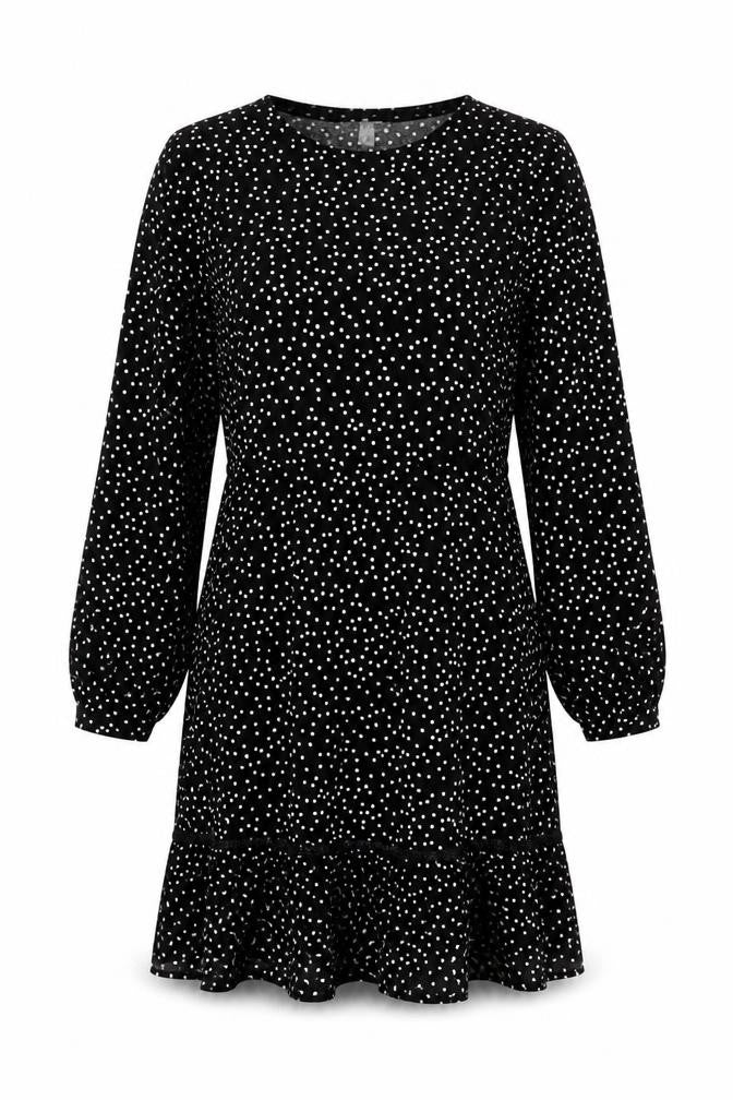 Front view of Warehouse Women's Black Polka Dot Shift Dress, size 8