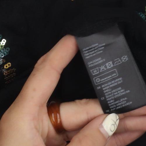 H&M Women's Black Sequin T-Shirt, Size 12, Round Neck