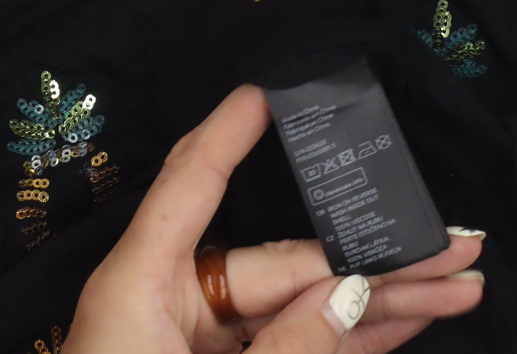 H&M Women's Black Sequin T-Shirt, Size 12, Round Neck