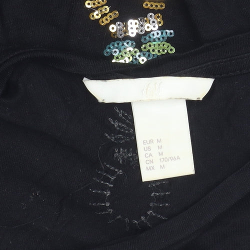 H&M Women's Black Sequin T-Shirt, Size 12, Round Neck