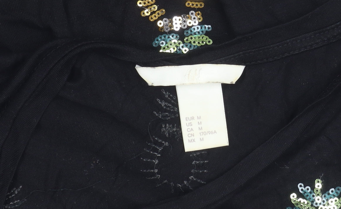 H&M Women's Black Sequin T-Shirt, Size 12, Round Neck