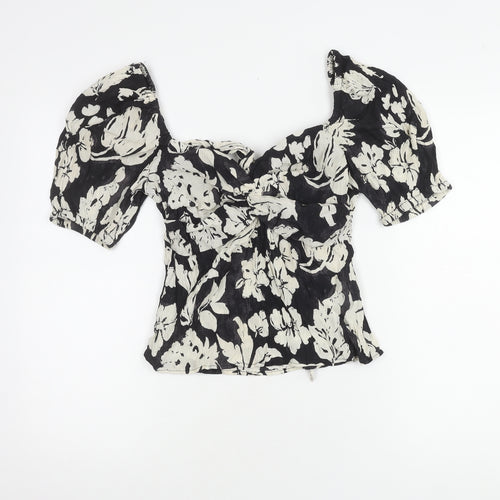 MNG Women's Black Floral Puff Sleeve Top M