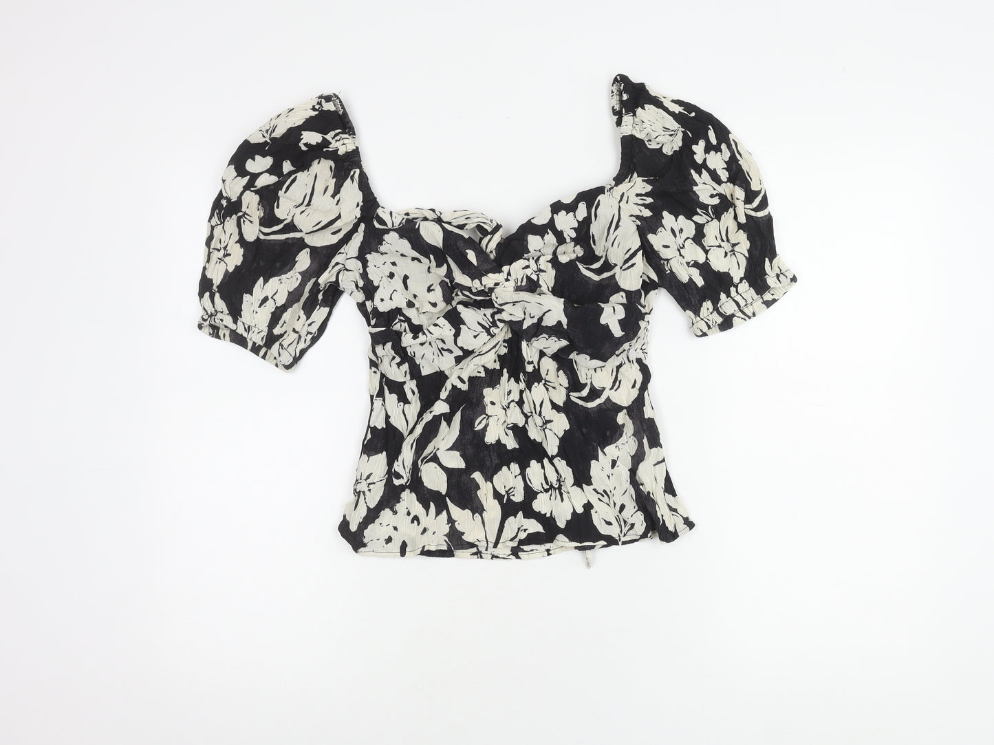 MNG Women's Black Floral Puff Sleeve Top M