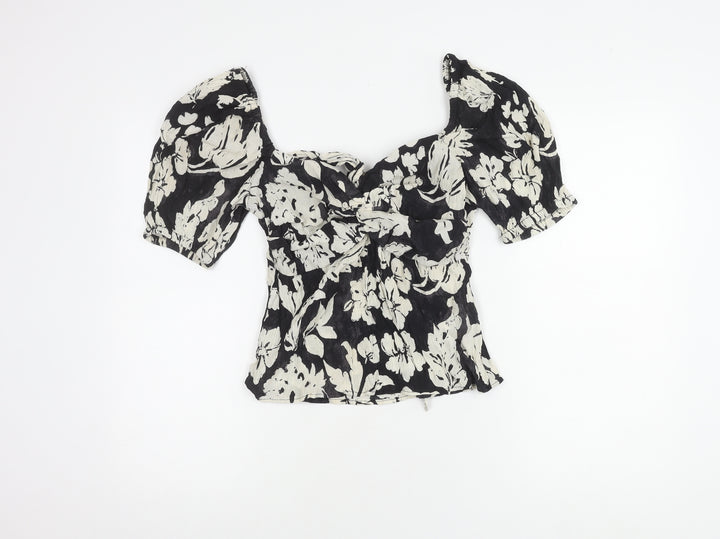 MNG Women's Black Floral Puff Sleeve Top M