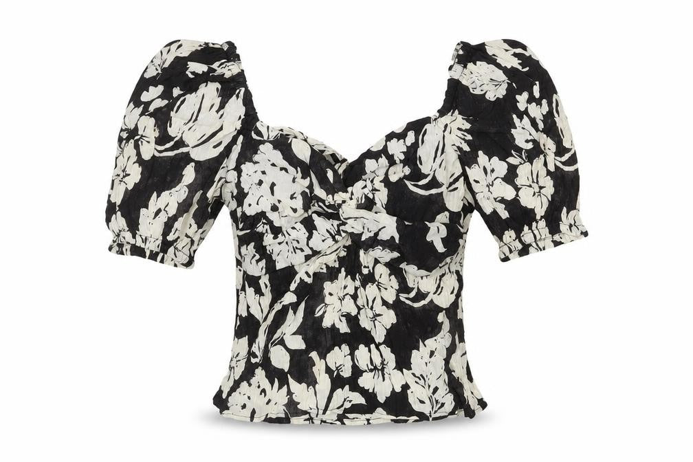 Front view of Mango Women's Black Floral Puff Sleeve Top M