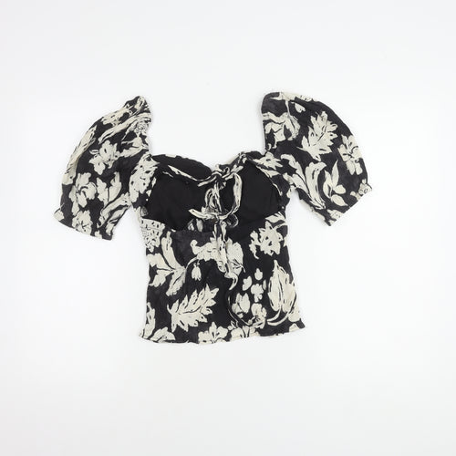 MNG Women's Black Floral Puff Sleeve Top M