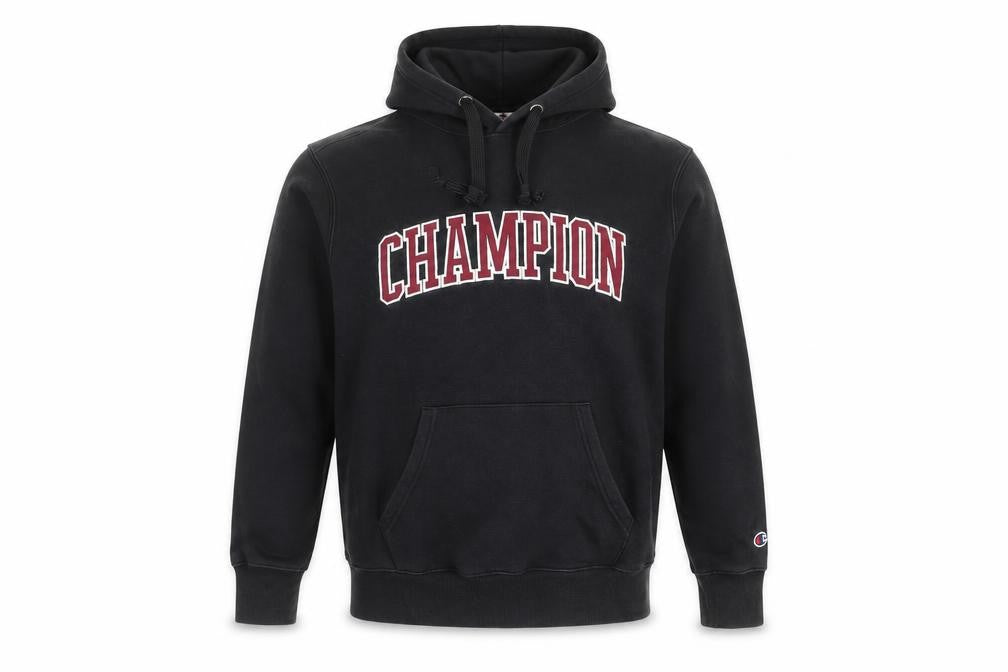 Front view of Champion Men's Black Small Pullover Hoodie - Logo Style