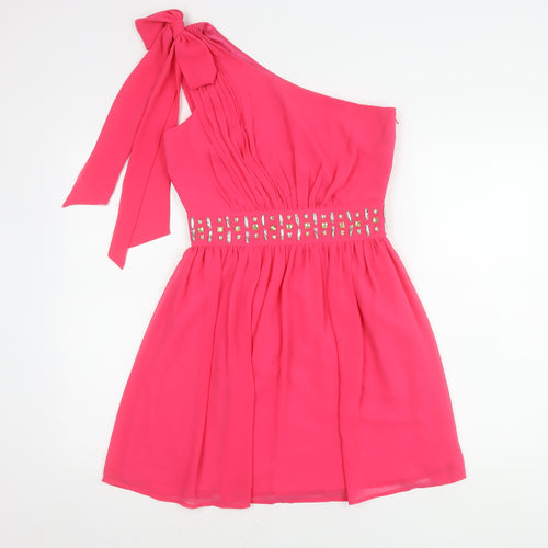 Lipsy Women’s Pink One-Shoulder Beaded Party Dress, Size 10