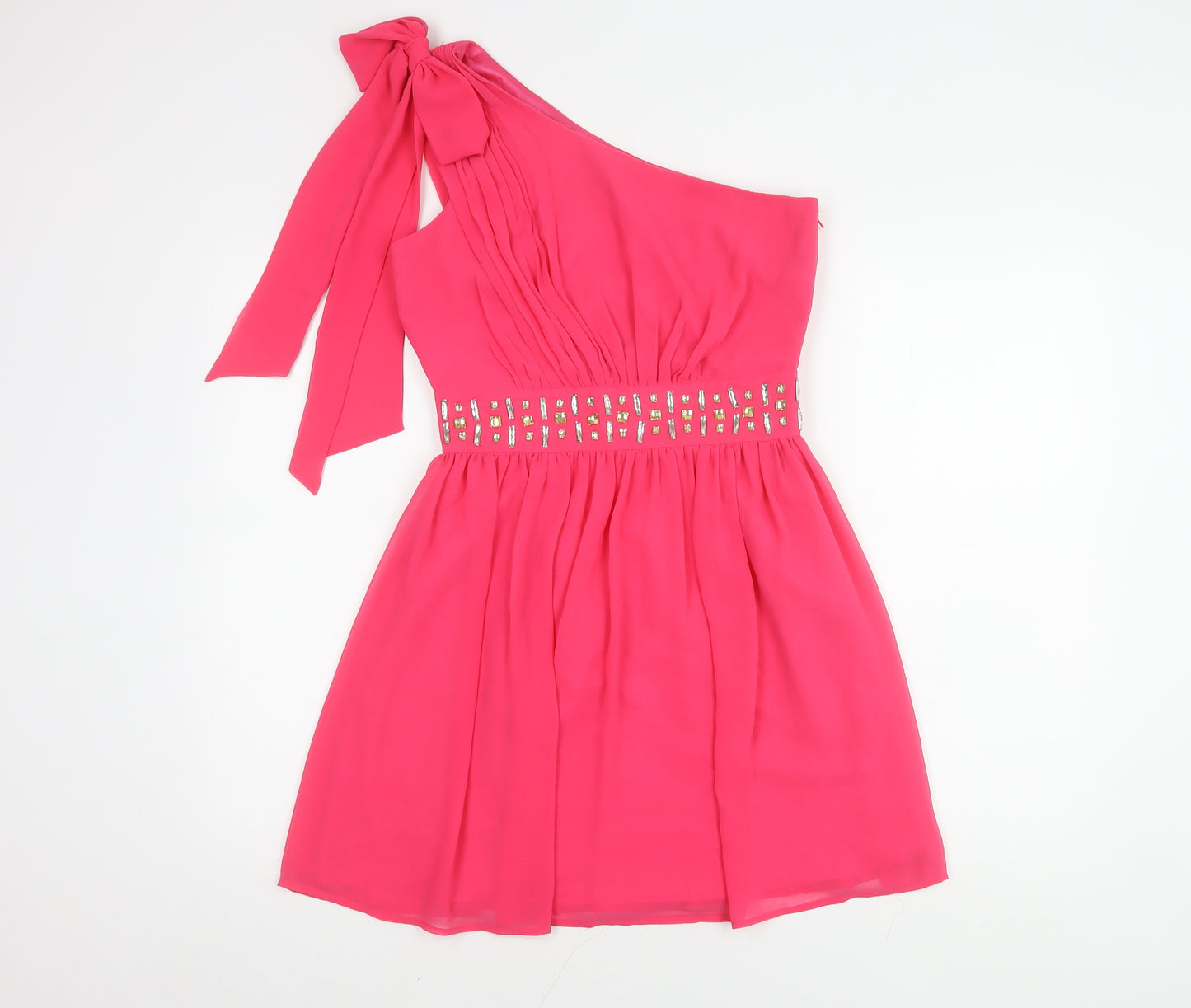 Lipsy Women’s Pink One-Shoulder Beaded Party Dress, Size 10