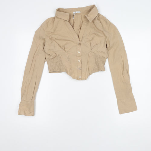 Bershka Women's Beige Cropped Button-Up Shirt L