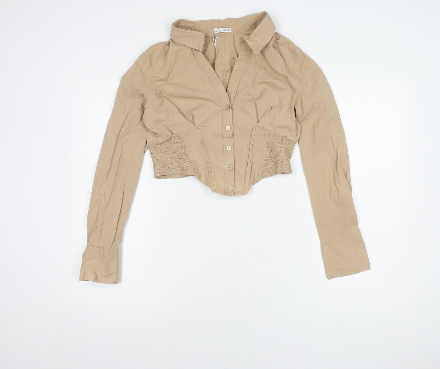 Bershka Women's Beige Cropped Button-Up Shirt L