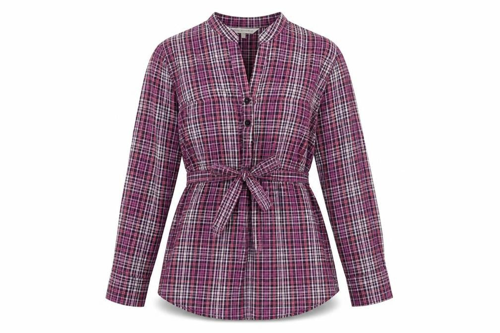 Front view of RJR.John Rocha Women's Purple Plaid Blouse, size 12