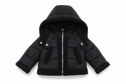 Front view of French Connection Black unisex baby puffer jacket 12 months