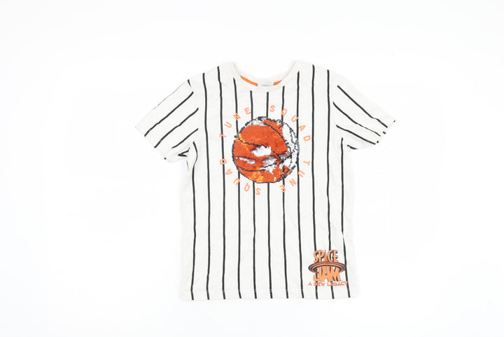 Space Jam Boys White Striped T-Shirt 8-9 Years Sequin Accent