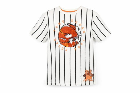 Front view of Space Jam boys’ white striped t-shirt 8-9 years sequin accent