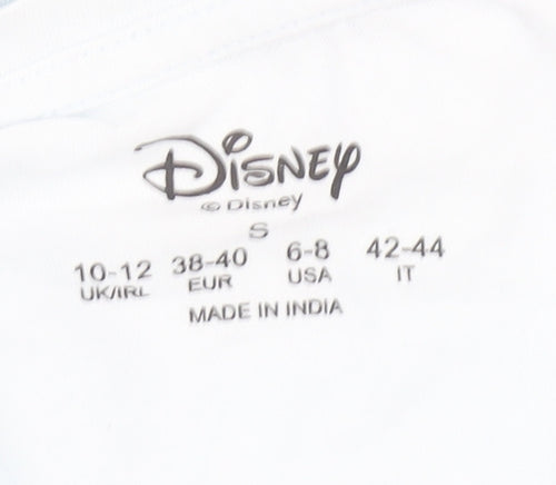 Disney Women’s White Cartoon T-Shirt, S, Casual Crew Neck