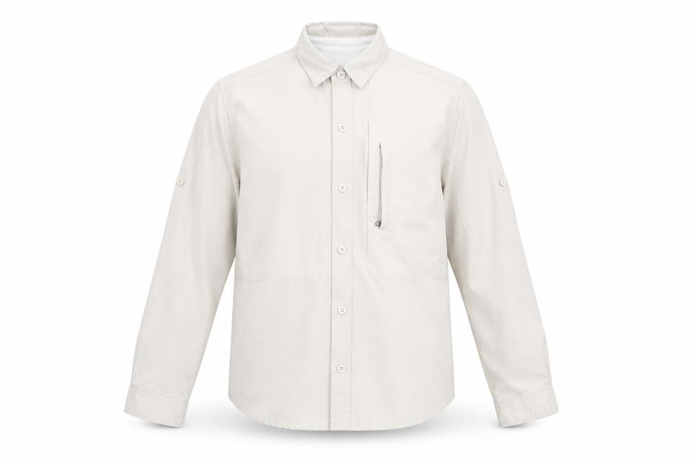Front view of Royal Robbins Men's Beige Button-Up Shirt S