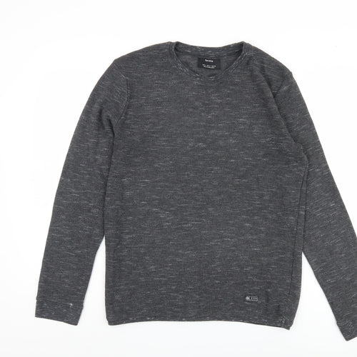 Bershka Men's Grey Long Sleeve Knit T-Shirt M