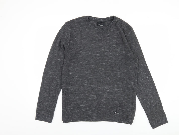 Bershka Men's Grey Long Sleeve Knit T-Shirt M