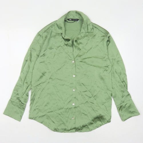 Zara Women's Green Button-Up Shirt XS Collared
