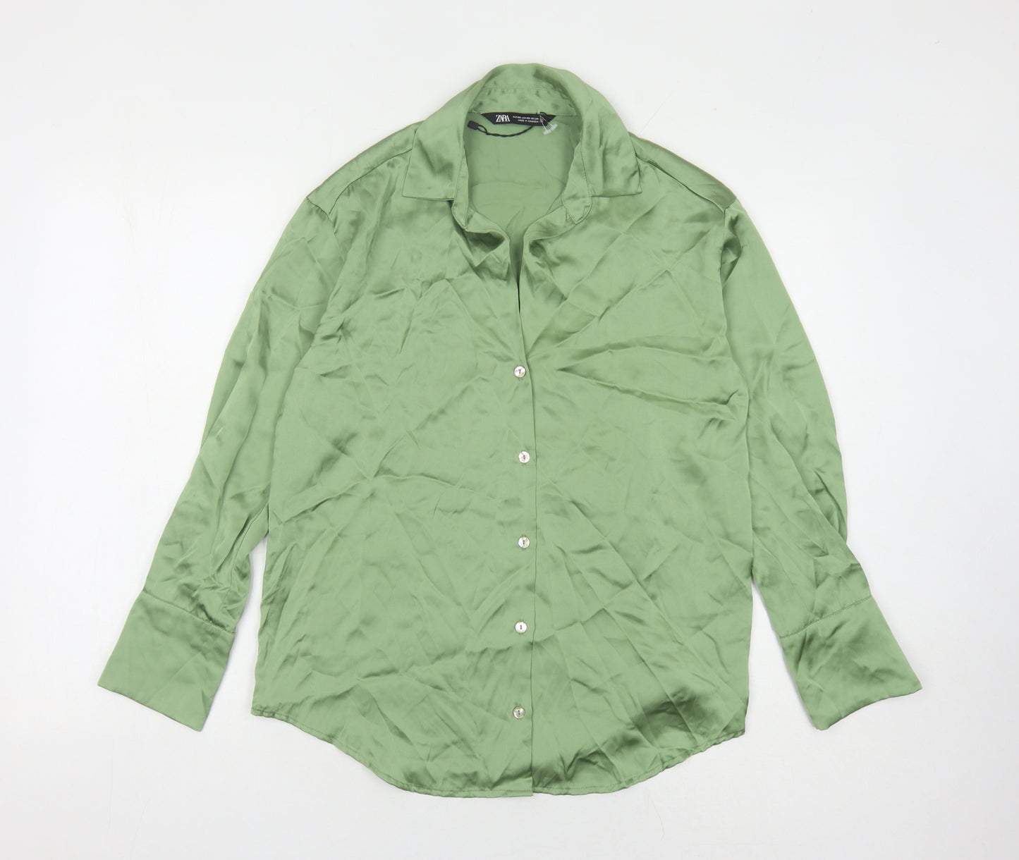 Zara Women's Green Button-Up Shirt XS Collared