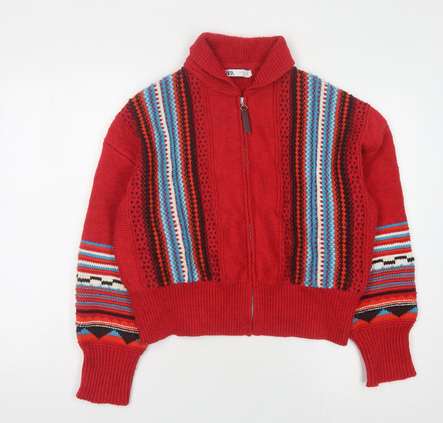Zara Women's Red Full Zip Striped Jumper, Size L