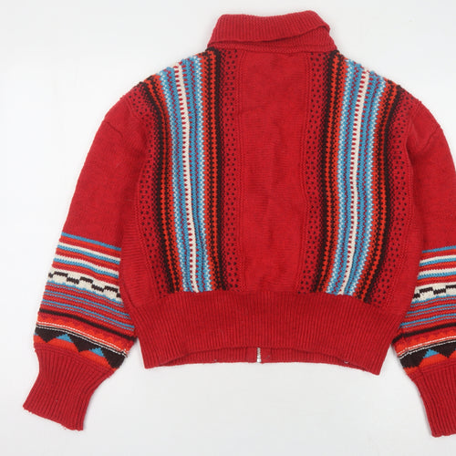 Zara Women's Red Full Zip Striped Jumper, Size L