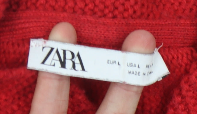 Zara Women's Red Full Zip Striped Jumper, Size L