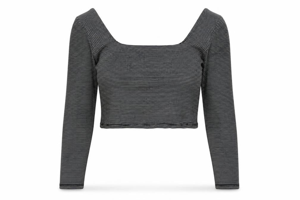 Front view of Miss Selfridge Women's Black Striped Cropped T-Shirt