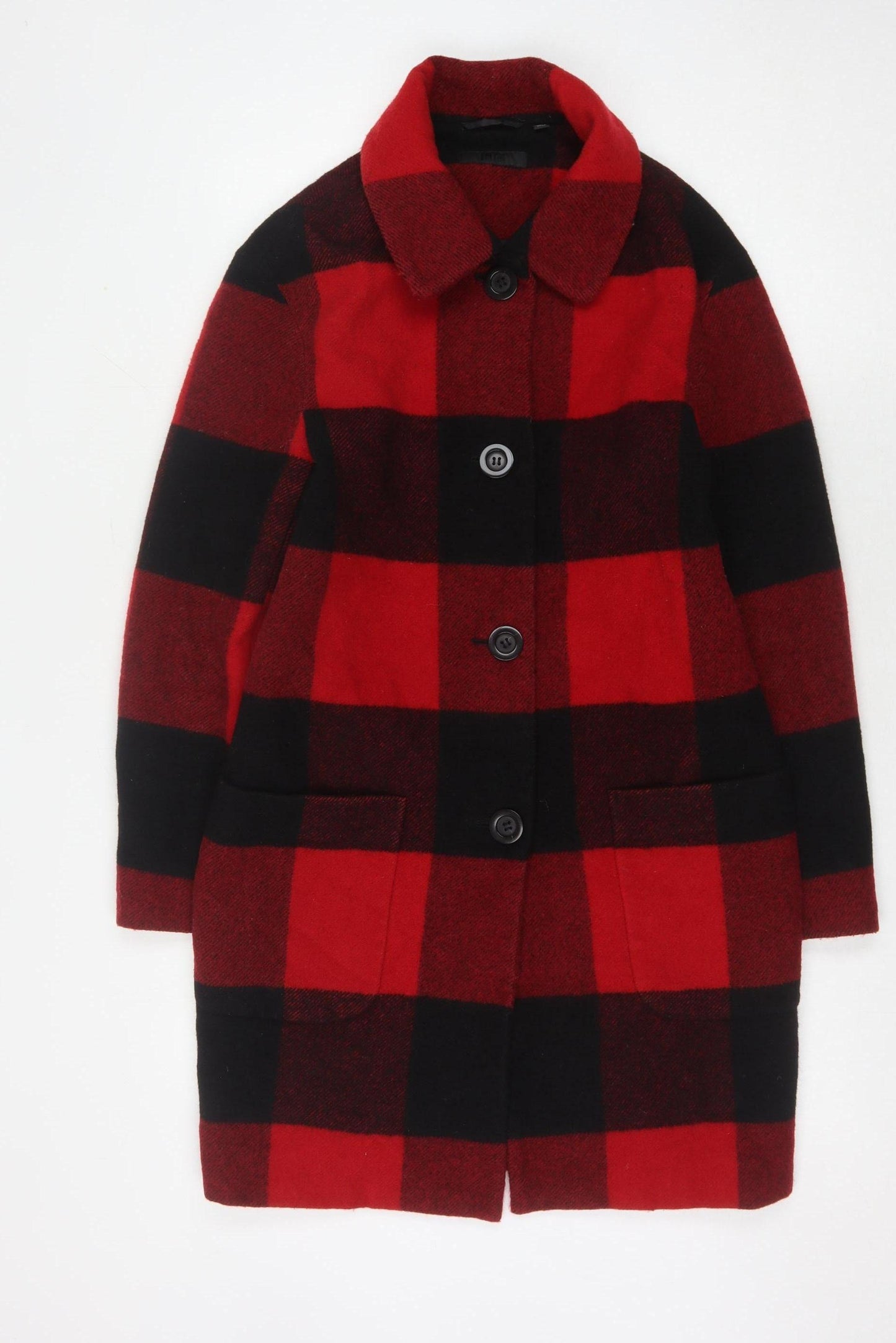 Uniqlo Women's Red Checkered Wool Overcoat Size S