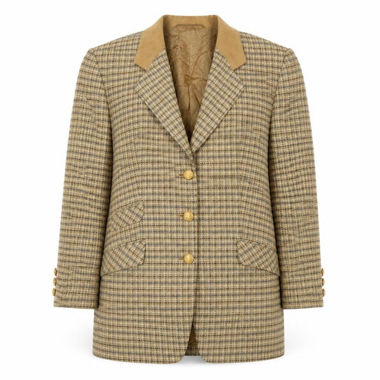 Front view of Delmod Women Brown Check Blazer, size 14, Autumn
