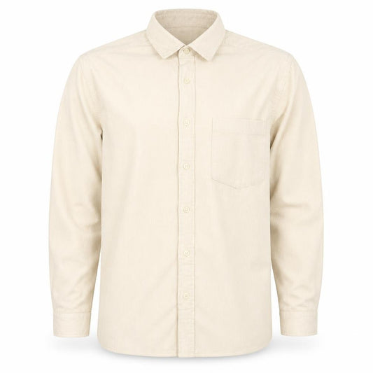 Front view of Collusion Men's Beige Long Sleeve Button-Up Shirt