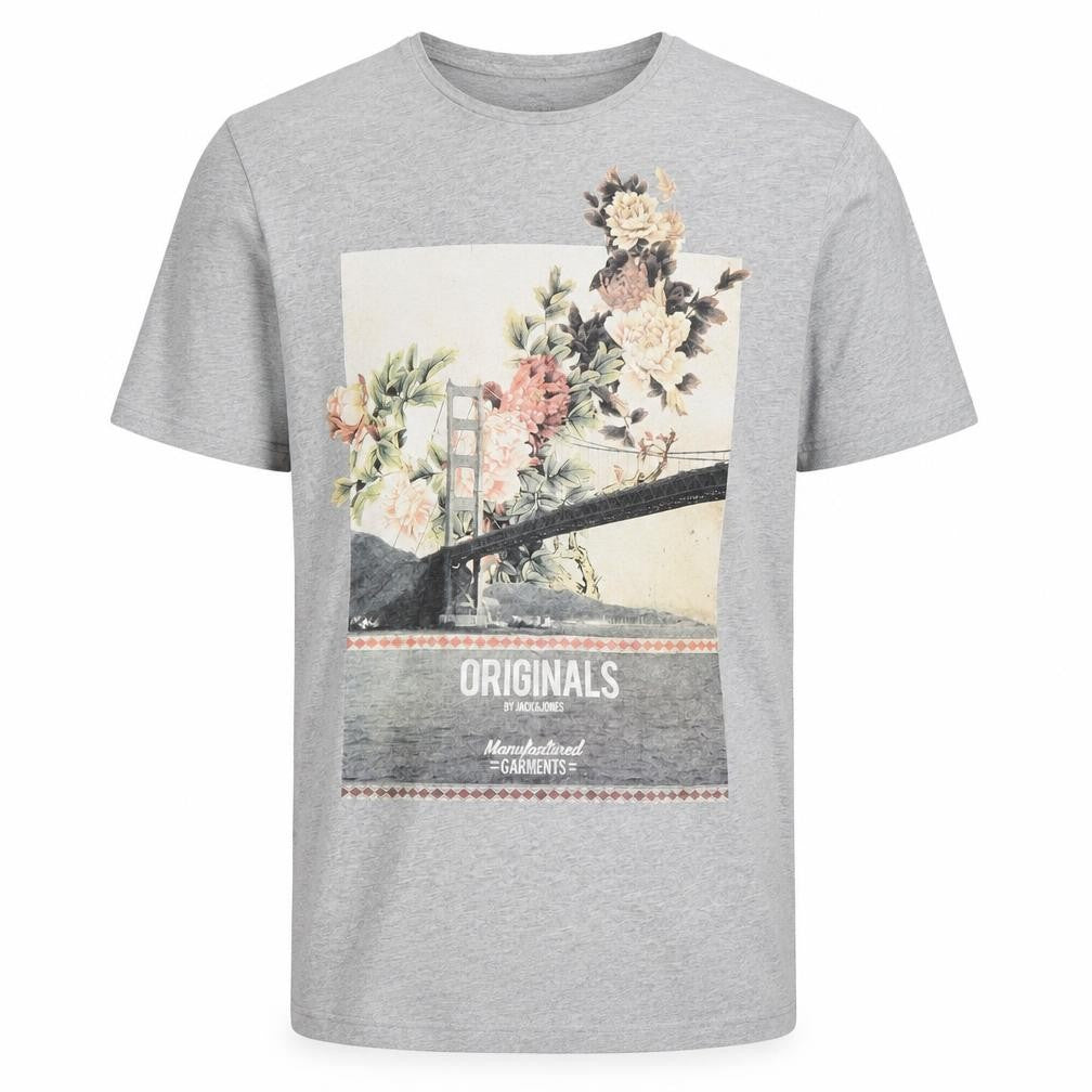 Front view of Jack & Jones Men’s Grey Graphic Short Sleeve T-Shirt