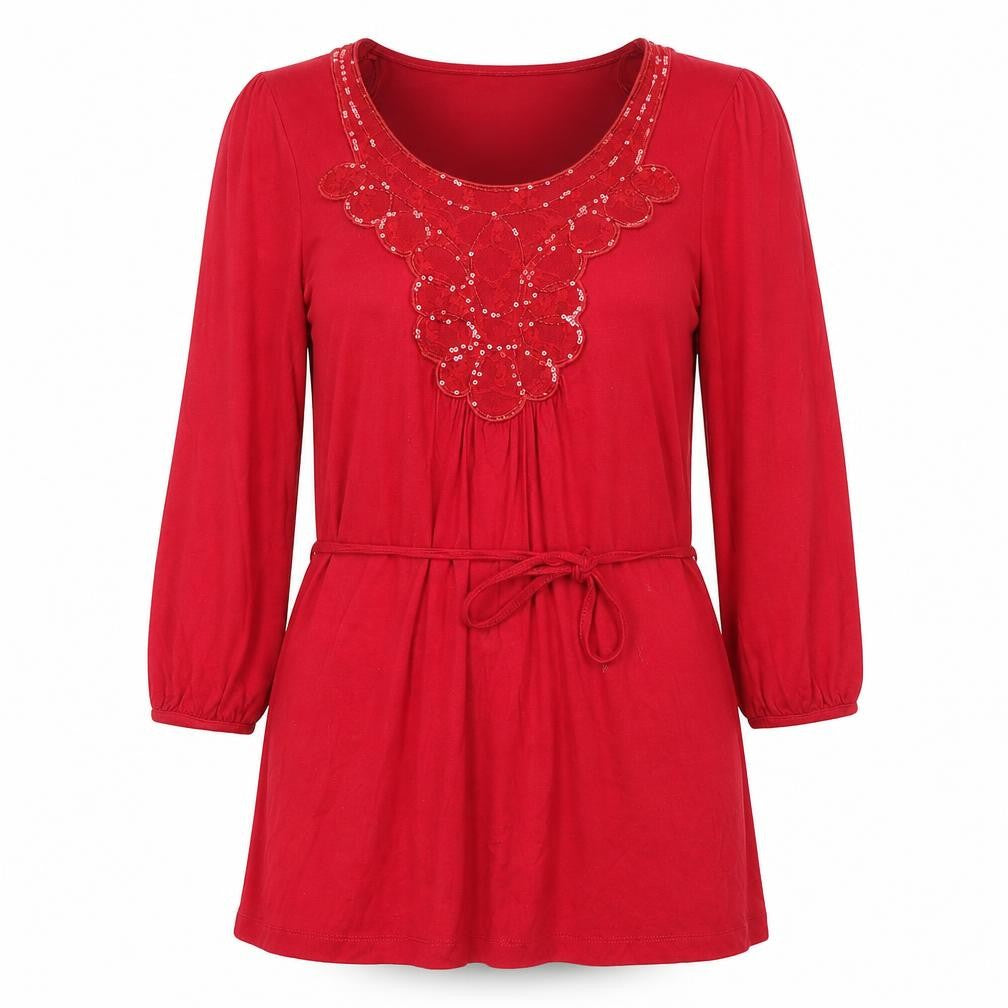Front view of Soon Women's Red 3/4 Sleeve Sequin Tunic Blouse -, size 10