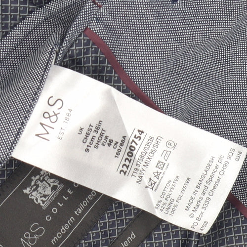 Marks and Spencer Men's Blue Blazer, Size 36 - Cotton Blend