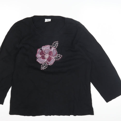 Xe Women's Black Embroidered T-Shirt, Size 16, Cotton