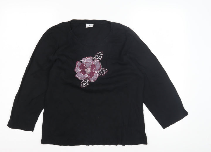 Xe Women's Black Embroidered T-Shirt, Size 16, Cotton
