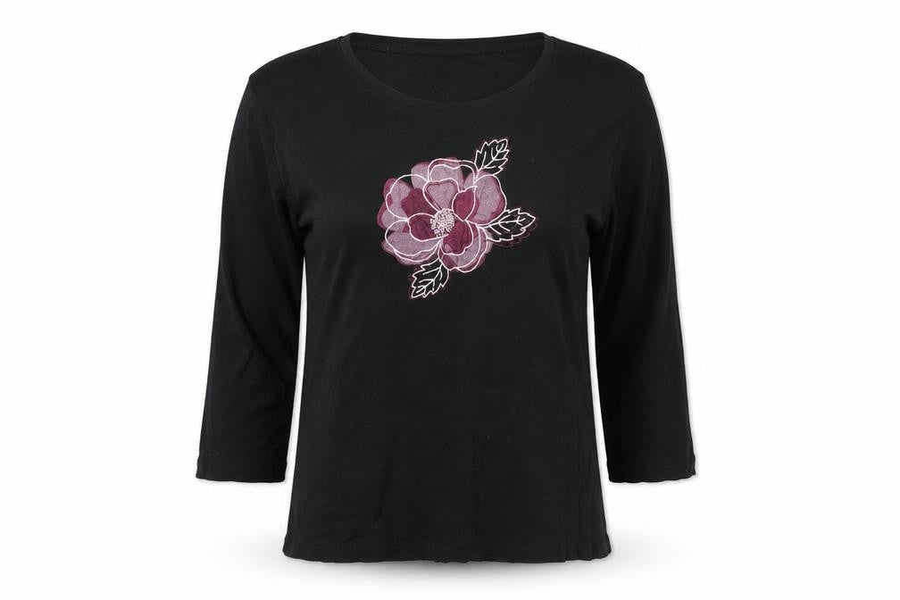 Front view of Xe Women's Black Embroidered T-Shirt, size 16, Cotton