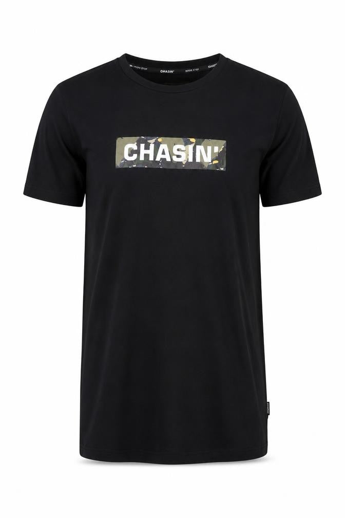 Front view of CHASIN' Men's Black Graphic Print T-Shirt, size S