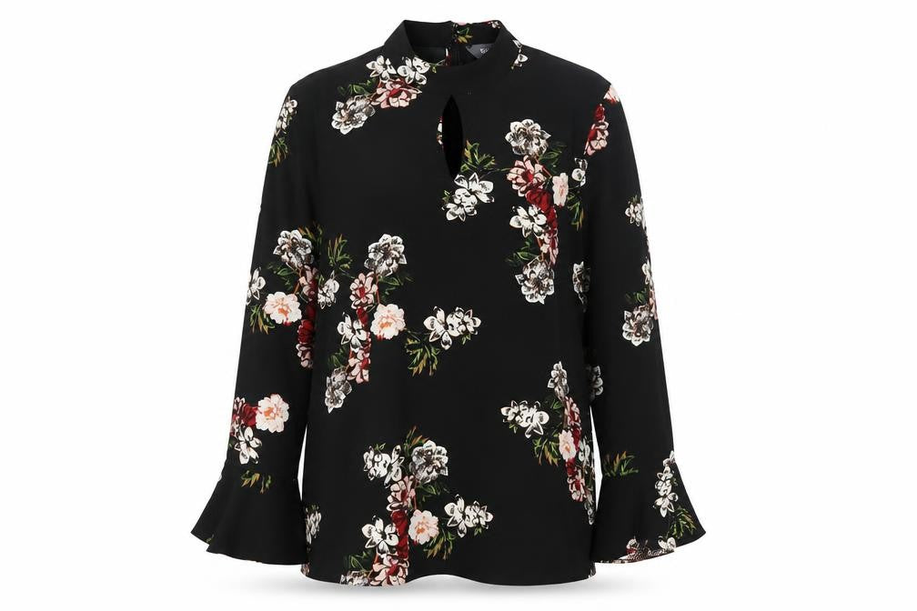 Front view of Sonsandar Women's Black Floral Blouse, size 16