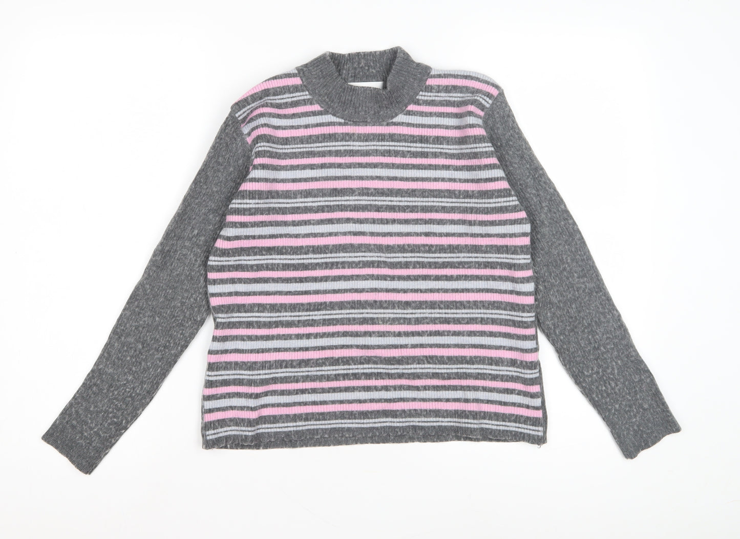 Afibel Women's Grey Mock Neck Striped Pullover Jumper