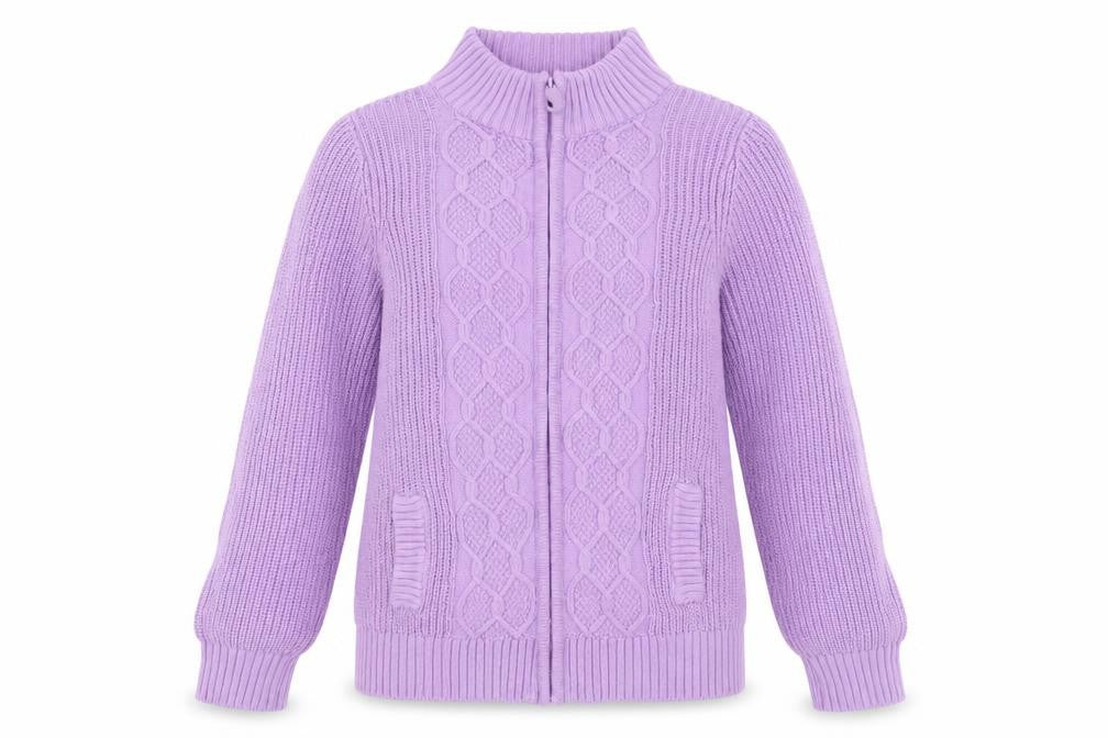 Front view of Isle Essentials Women's Purple Full Zip Jumper, size S