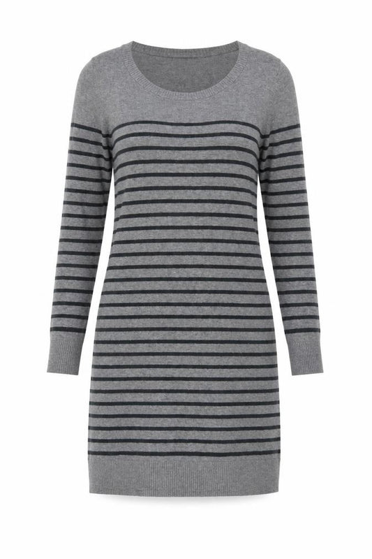 Front view of BON'A PARTE Women's Grey Striped Jumper Dress S