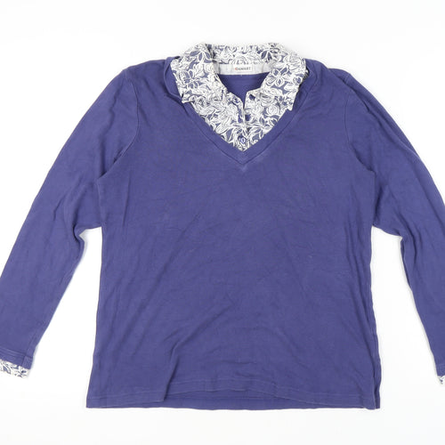 Damart Women's Blue V-Neck Cotton Top, Size M, Long Sleeve