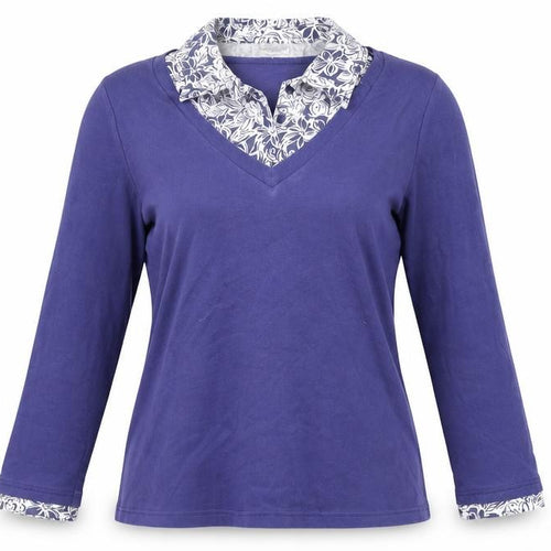 Damart Women's Blue V-Neck Cotton Top, Size M, Long Sleeve
